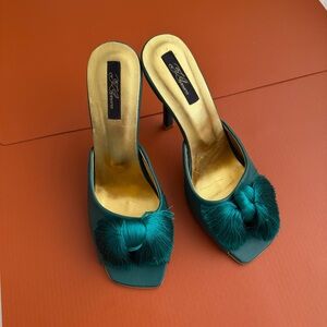 Aquazzura Style Green Leather Heels with Tassel Bow Detail